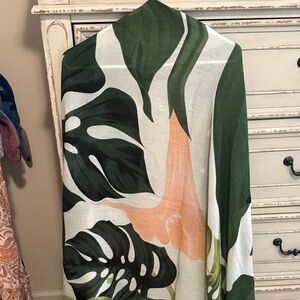 Elegant Green and Peach Leaf Print Scarf- never worn